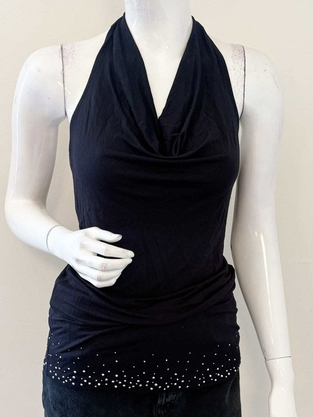 00’s Express Black Cowl Neck Halter Tie Back Top w Silver Stud Embellished Hem